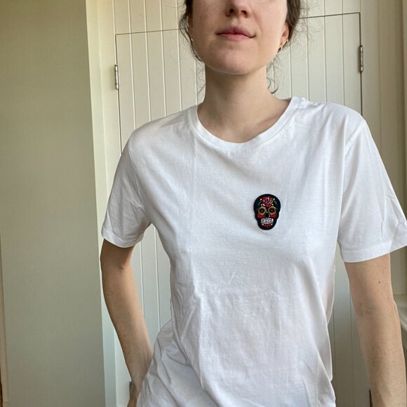 White Tee with Colorful Skull Patch - Picture 6 of 8